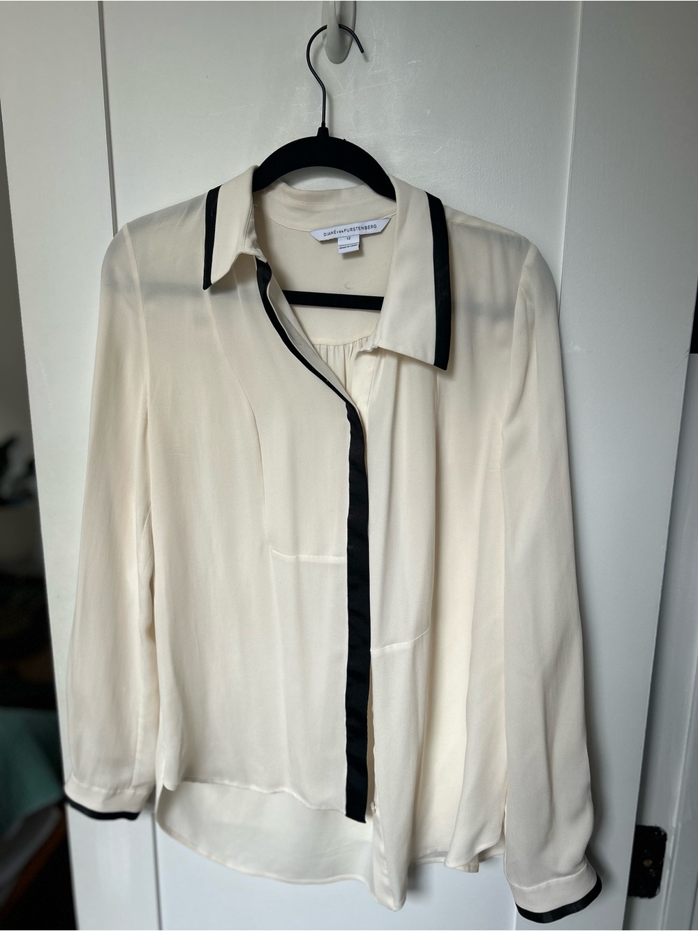 Diane Von Furstenberg Cream Button-Down Blouse with Black Trim